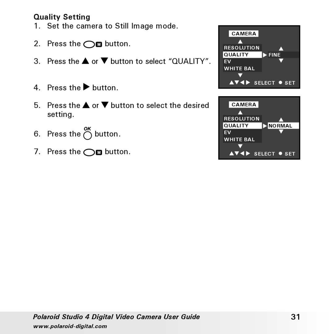 Polaroid Studio 4 manual Quality Setting, White BAL Select SET 