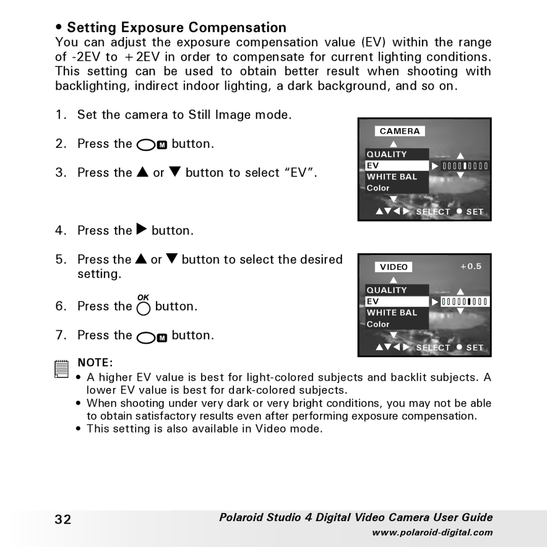 Polaroid Studio 4 manual This setting is also available in Video mode 