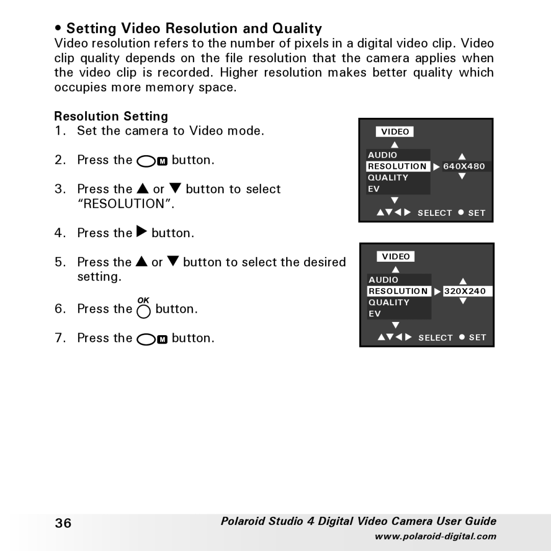 Polaroid Studio 4 manual Setting Video Resolution and Quality, Resolution Setting 