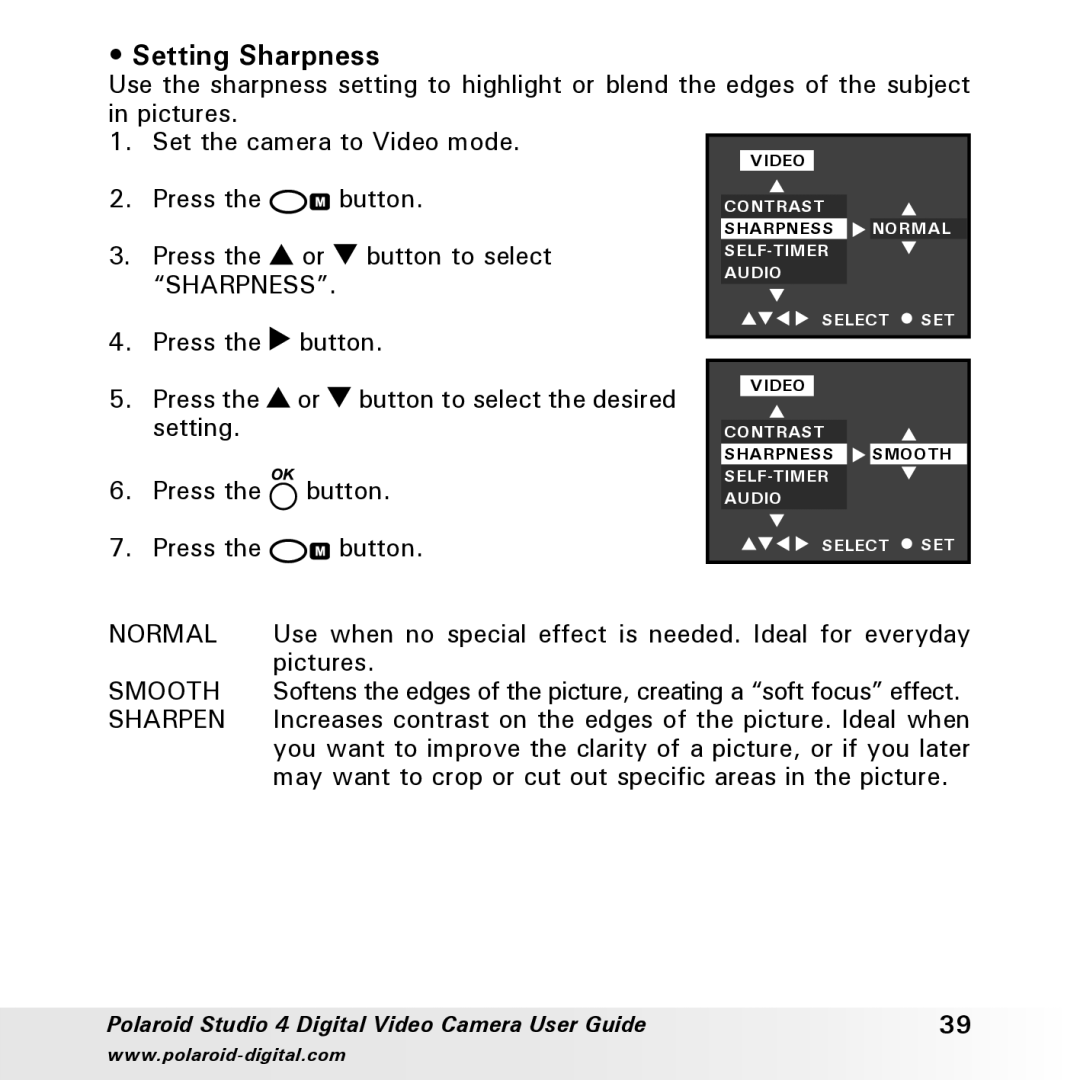 Polaroid Studio 4 manual Setting Sharpness, Smooth, Sharpen 