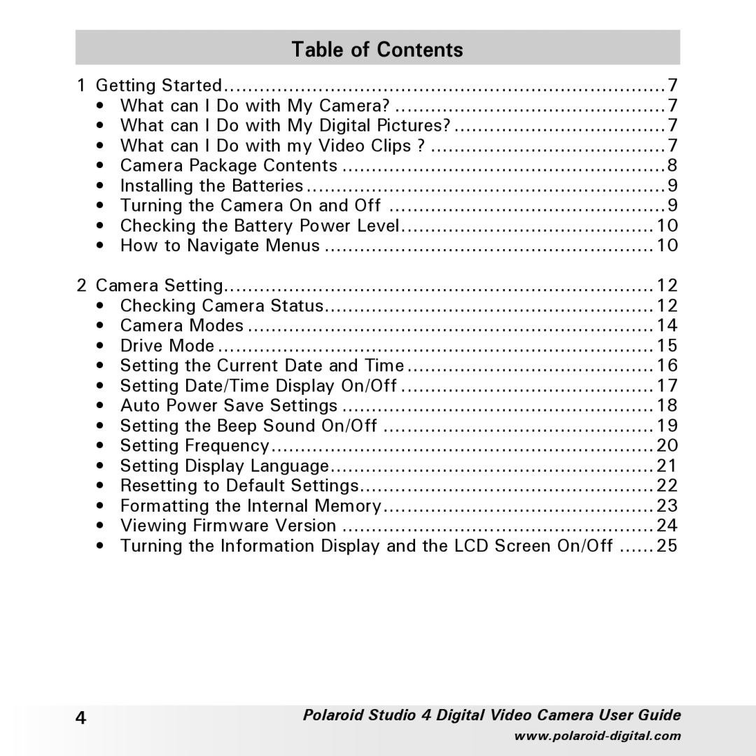 Polaroid Studio 4 manual Table of Contents 