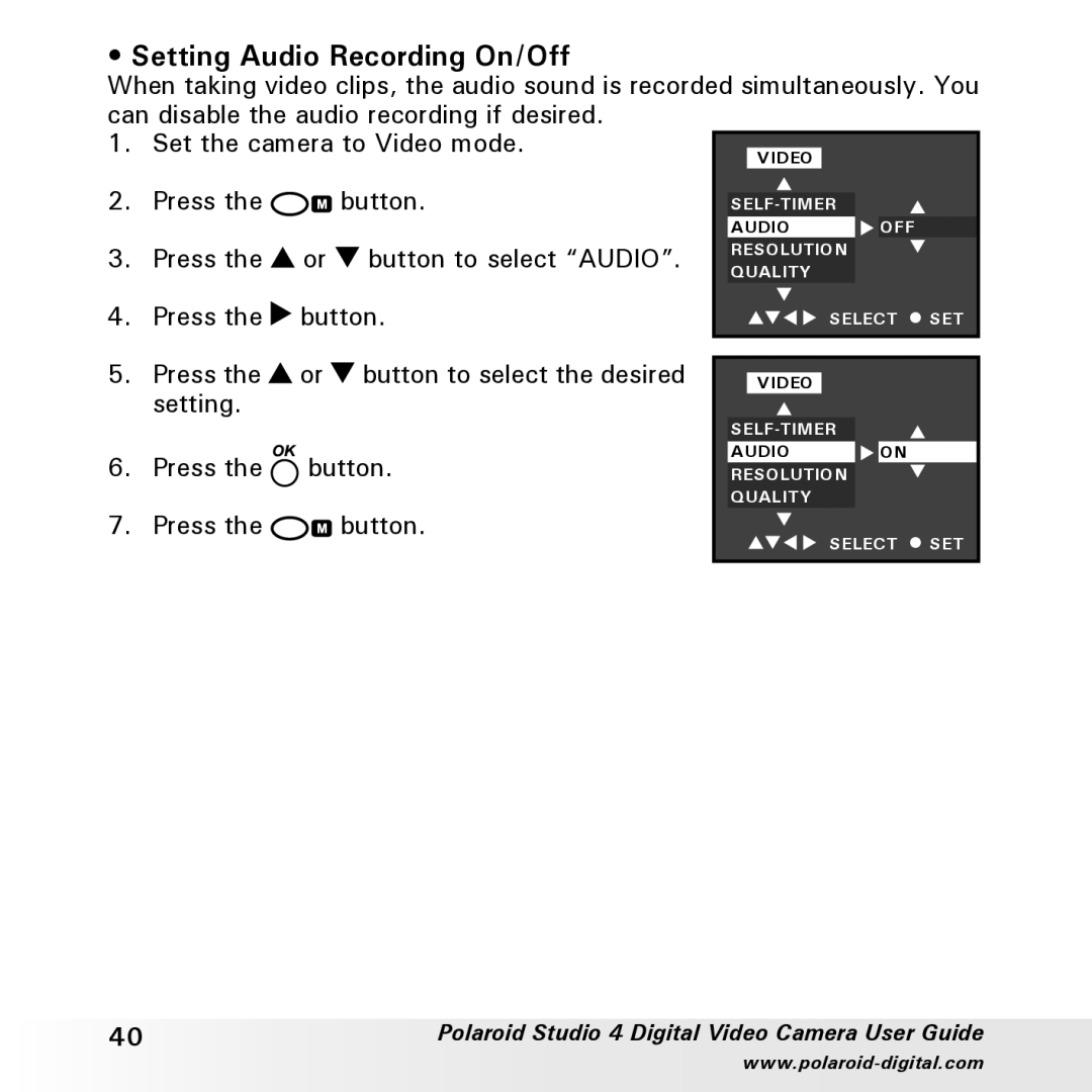 Polaroid Studio 4 manual Setting Audio Recording On/Off 