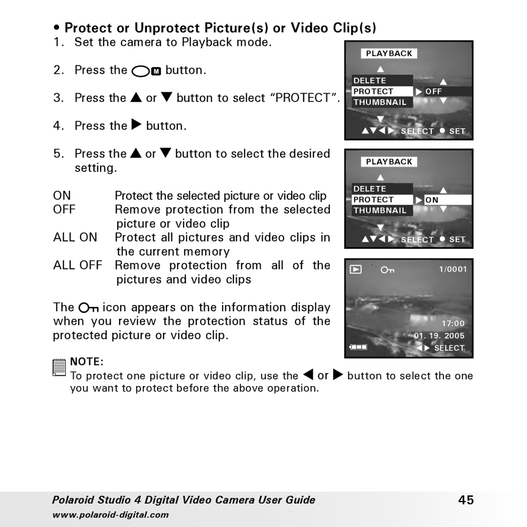 Polaroid Studio 4 manual Protect or Unprotect Pictures or Video Clips, ALL on, All Off 