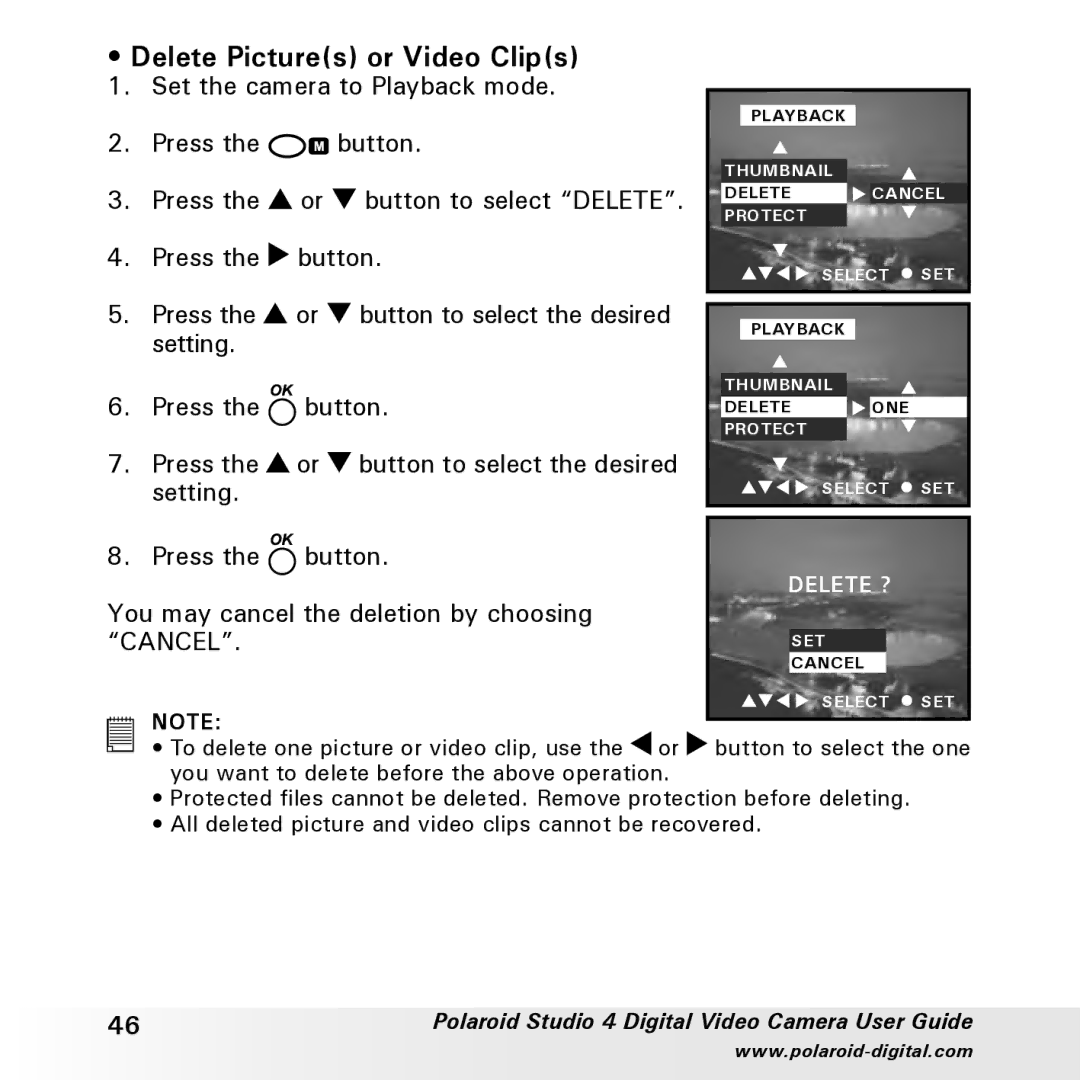 Polaroid Studio 4 manual Delete Pictures or Video Clips, Cancel 