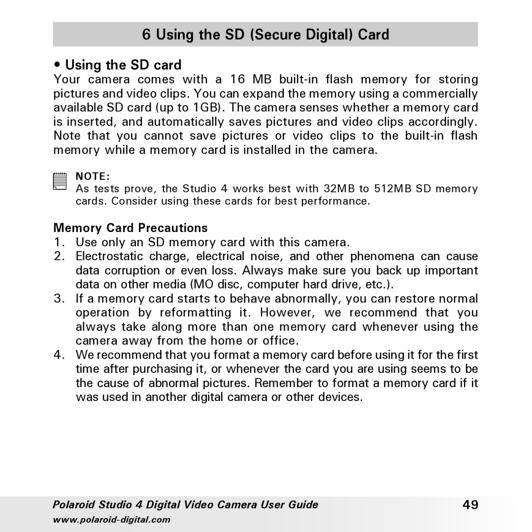 Polaroid Studio 4 manual Using the SD Secure Digital Card, Using the SD card, Memory Card Precautions 