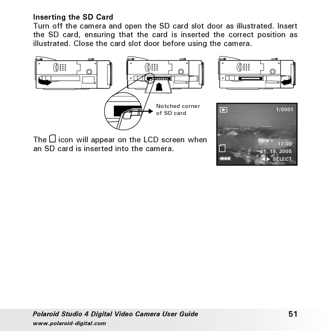 Polaroid Studio 4 manual Inserting the SD Card 