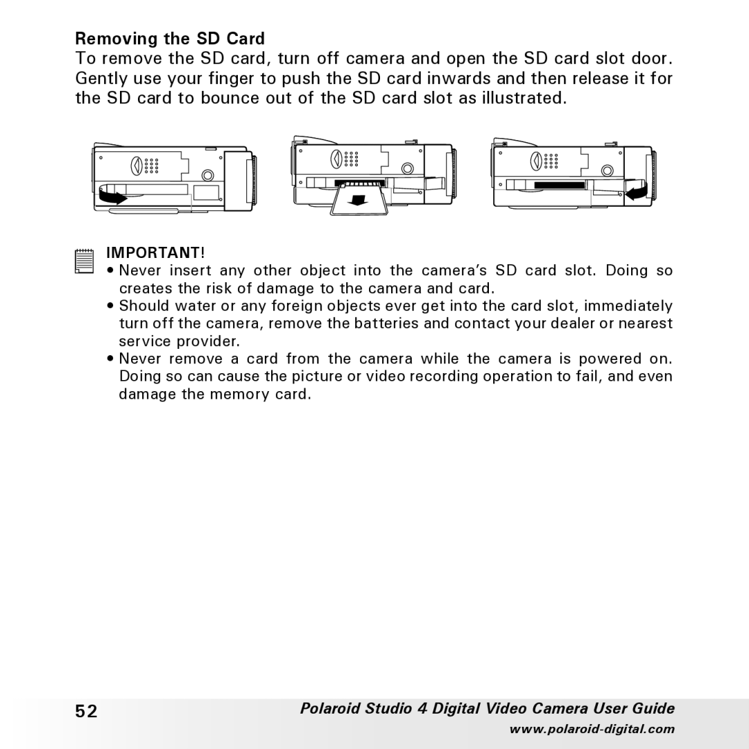 Polaroid Studio 4 manual Removing the SD Card 