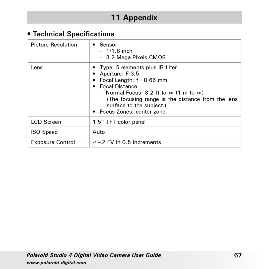 Polaroid Studio 4 manual Appendix, Technical Specifications 