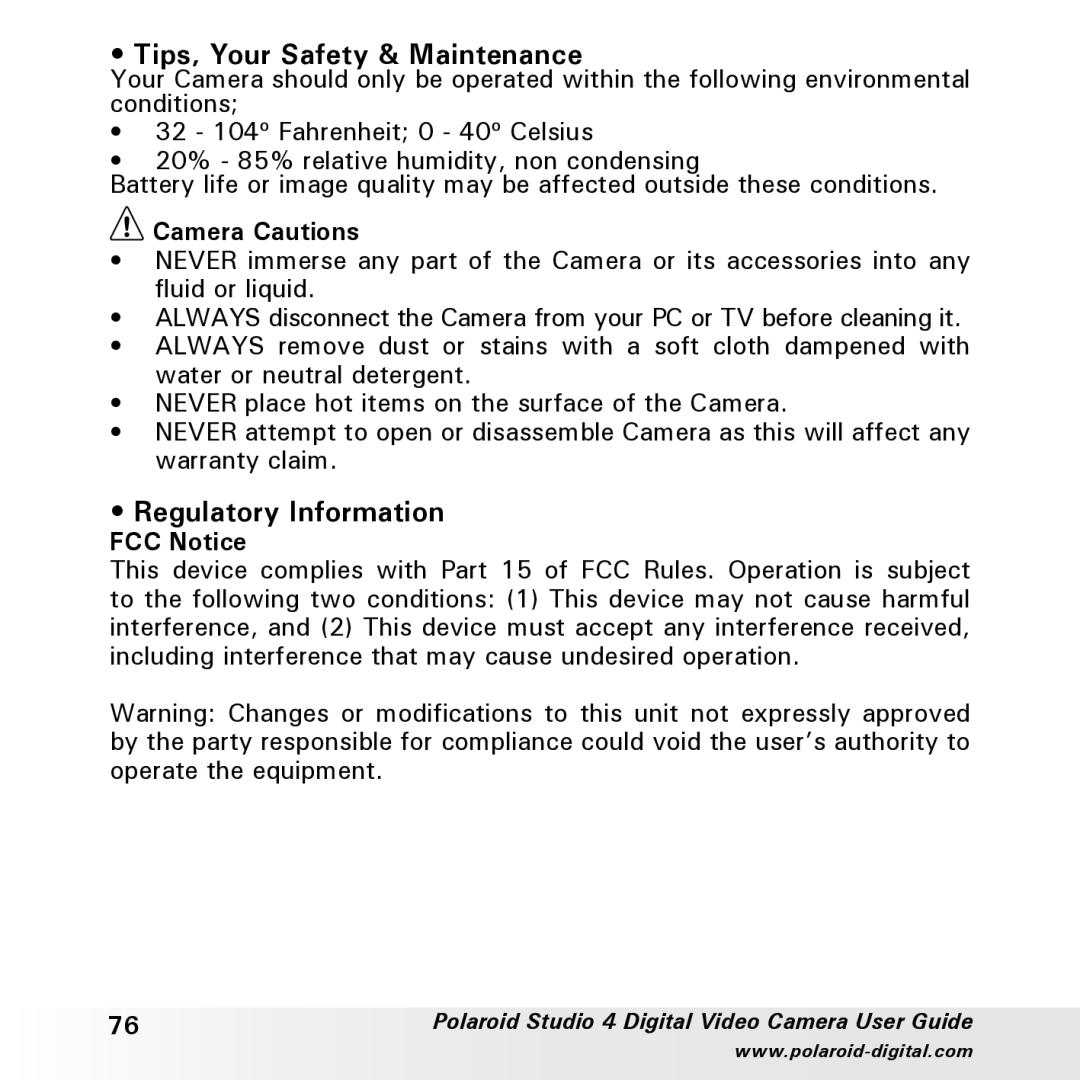 Polaroid Studio 4 manual Tips, Your Safety & Maintenance, Regulatory Information, Camera Cautions, FCC Notice 