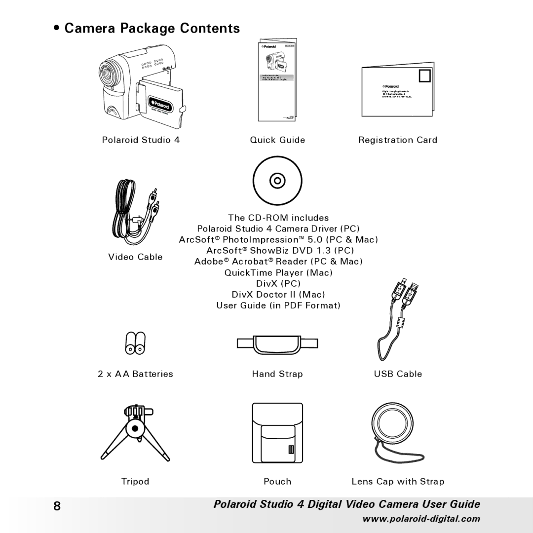 Polaroid Studio 4 manual Camera Package Contents 