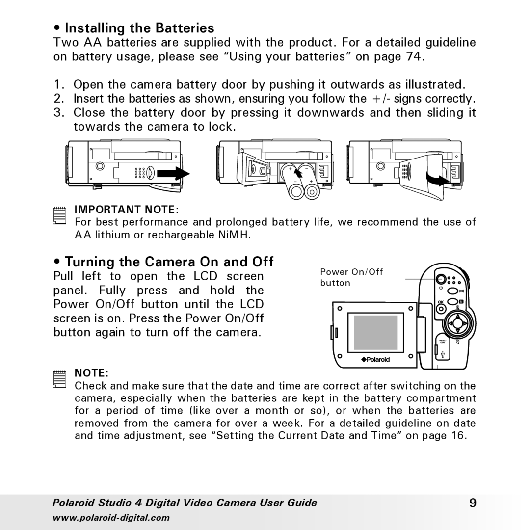 Polaroid Studio 4 manual Installing the Batteries, Turning the Camera On and Off 