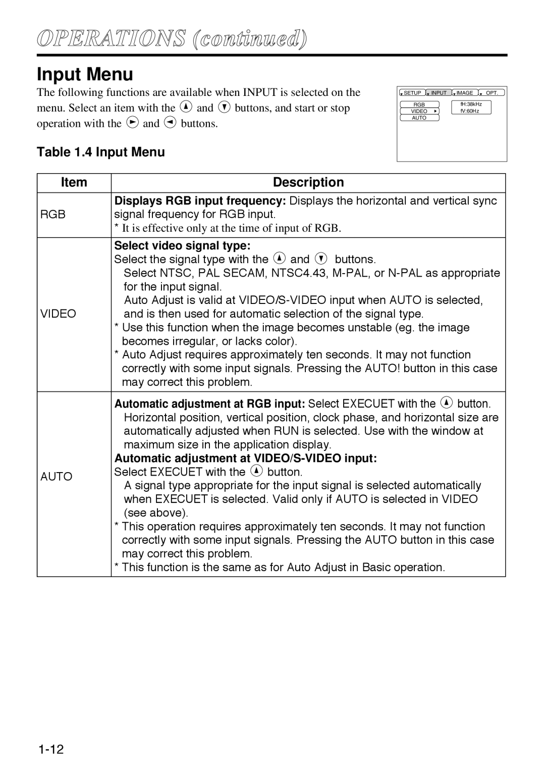 Polaroid SVGA 270 manual Input Menu, Select video signal type, Select Execuet with the button, See above 