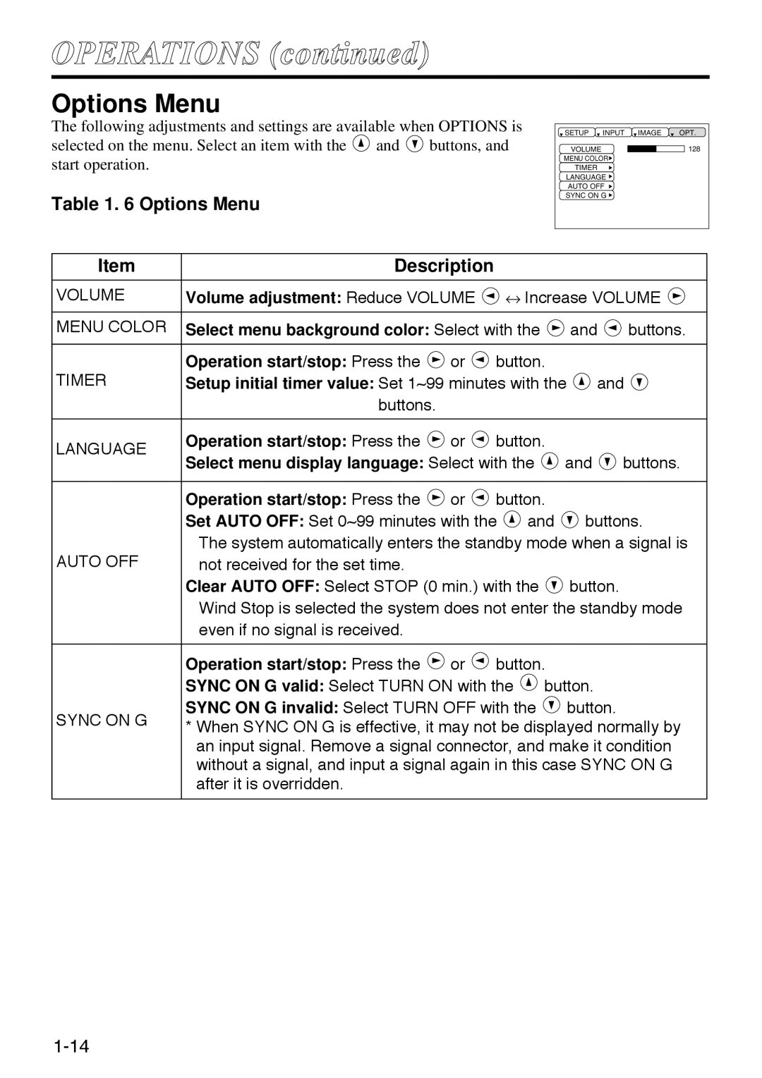 Polaroid SVGA 270 manual Options Menu, Select menu background color Select with, Select menu display language Select with 