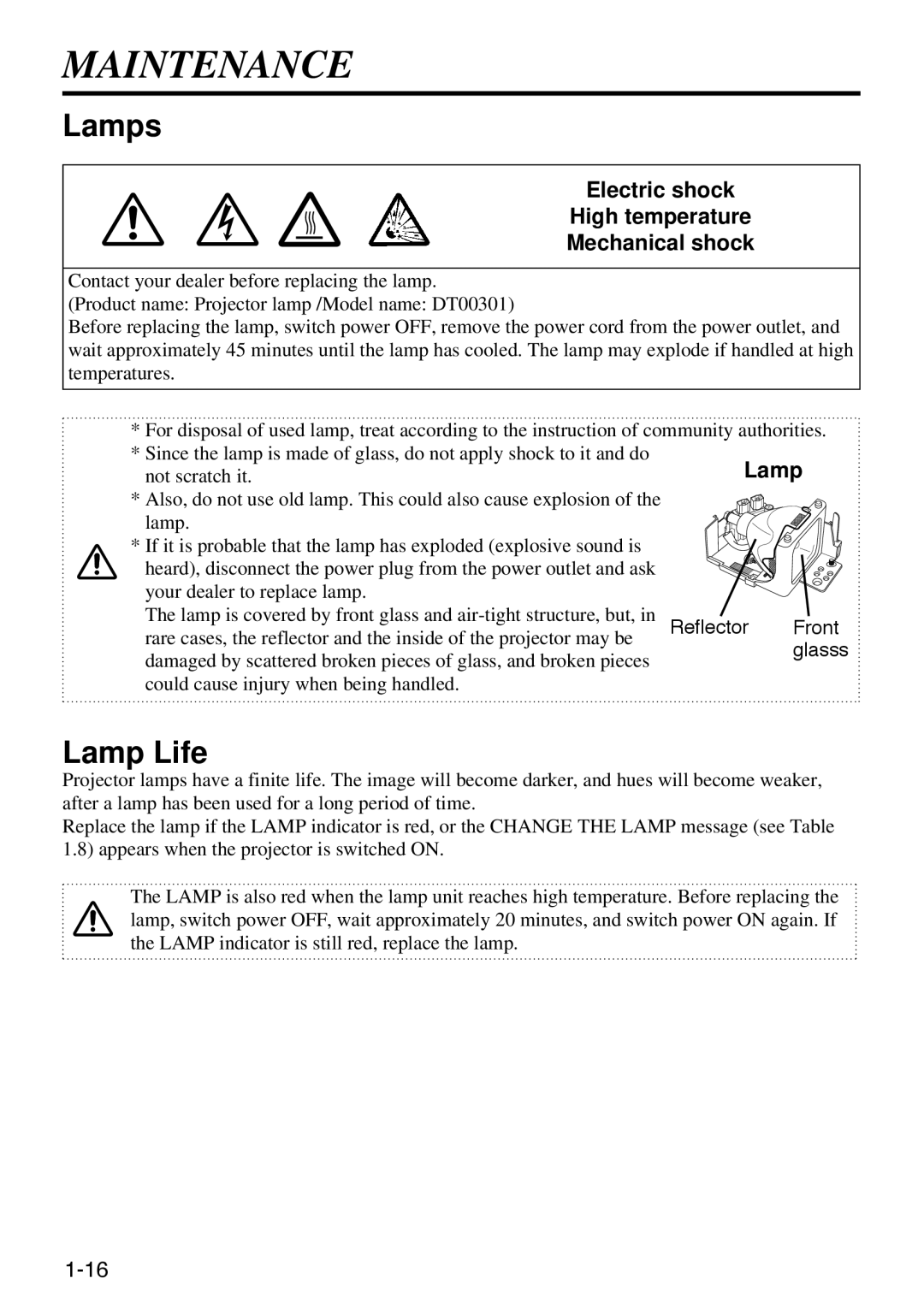 Polaroid SVGA 270 manual Maintenance, Lamps, Lamp Life, Electric shock High temperature Mechanical shock 