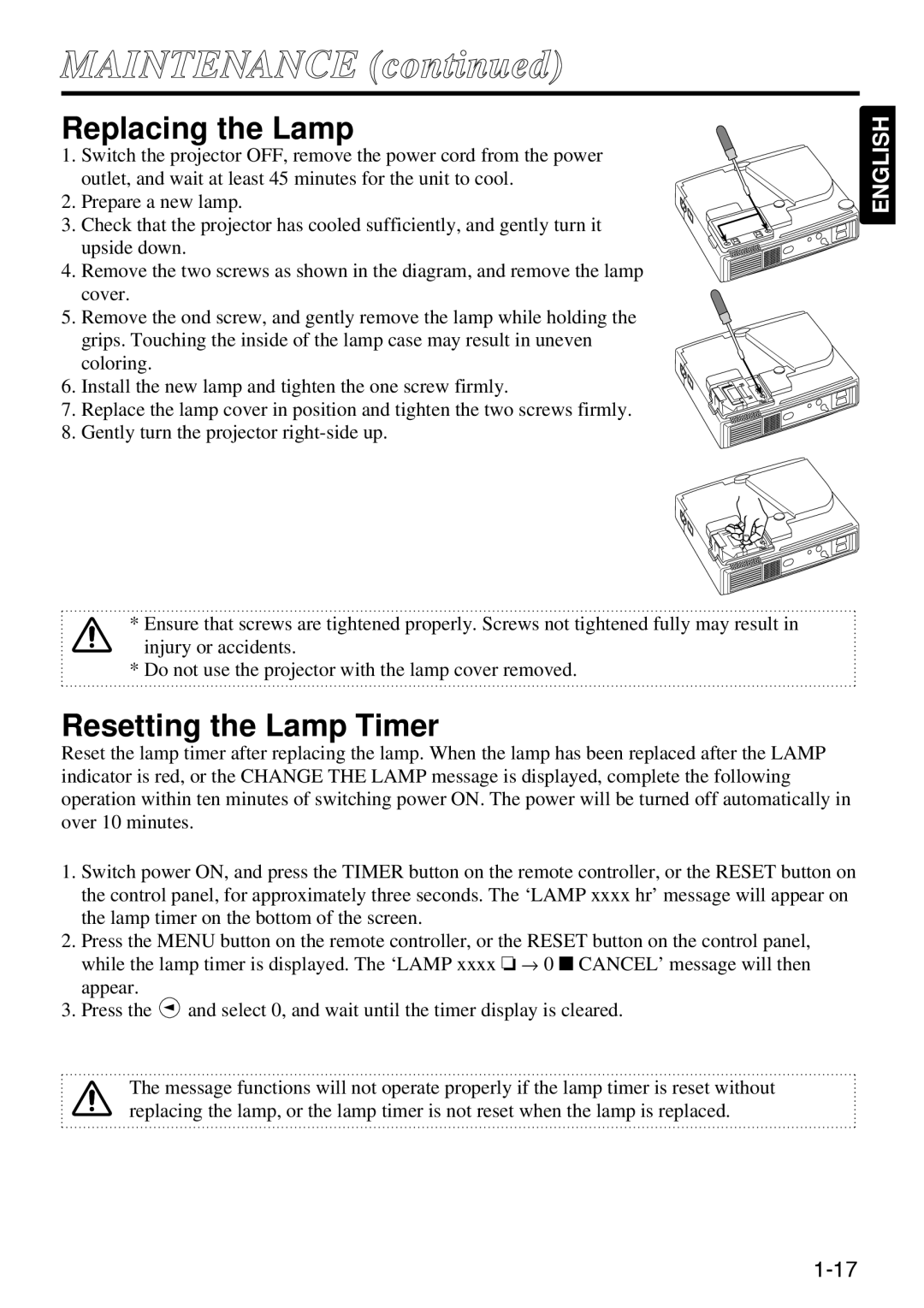 Polaroid SVGA 270 manual Maintenance, Replacing the Lamp, Resetting the Lamp Timer 