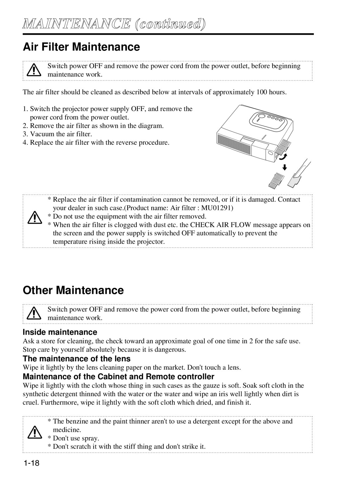 Polaroid SVGA 270 manual Air Filter Maintenance, Other Maintenance, Inside maintenance, Maintenance of the lens 