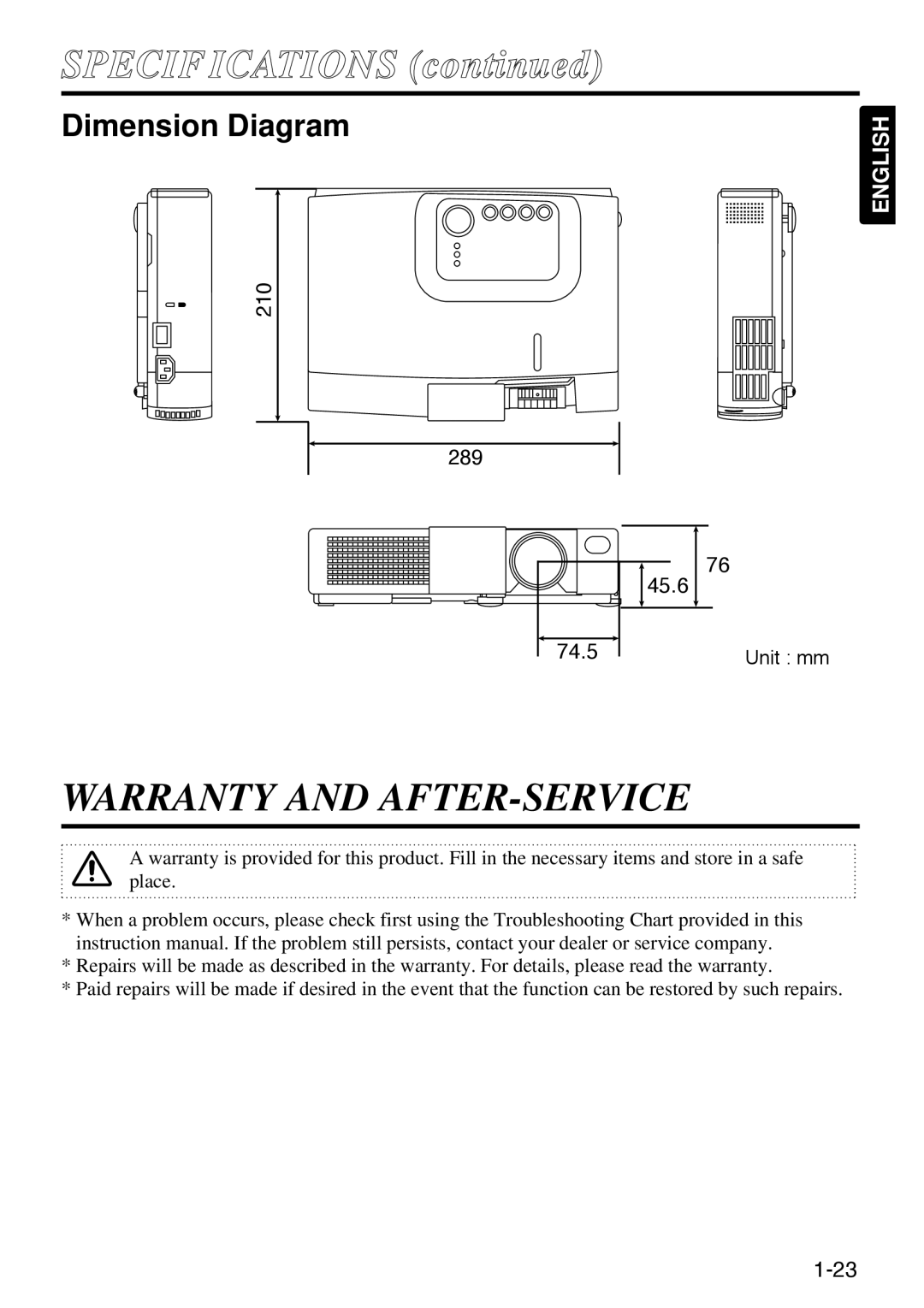 Polaroid SVGA 270 manual Specificationsc, Warranty and AFTER-SERVICE, Dimension Diagram 