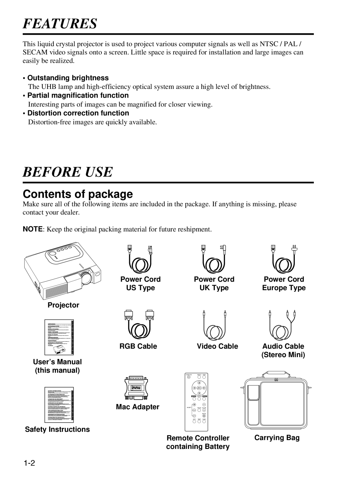 Polaroid SVGA 270 manual Features, Before USE, Contents of package 