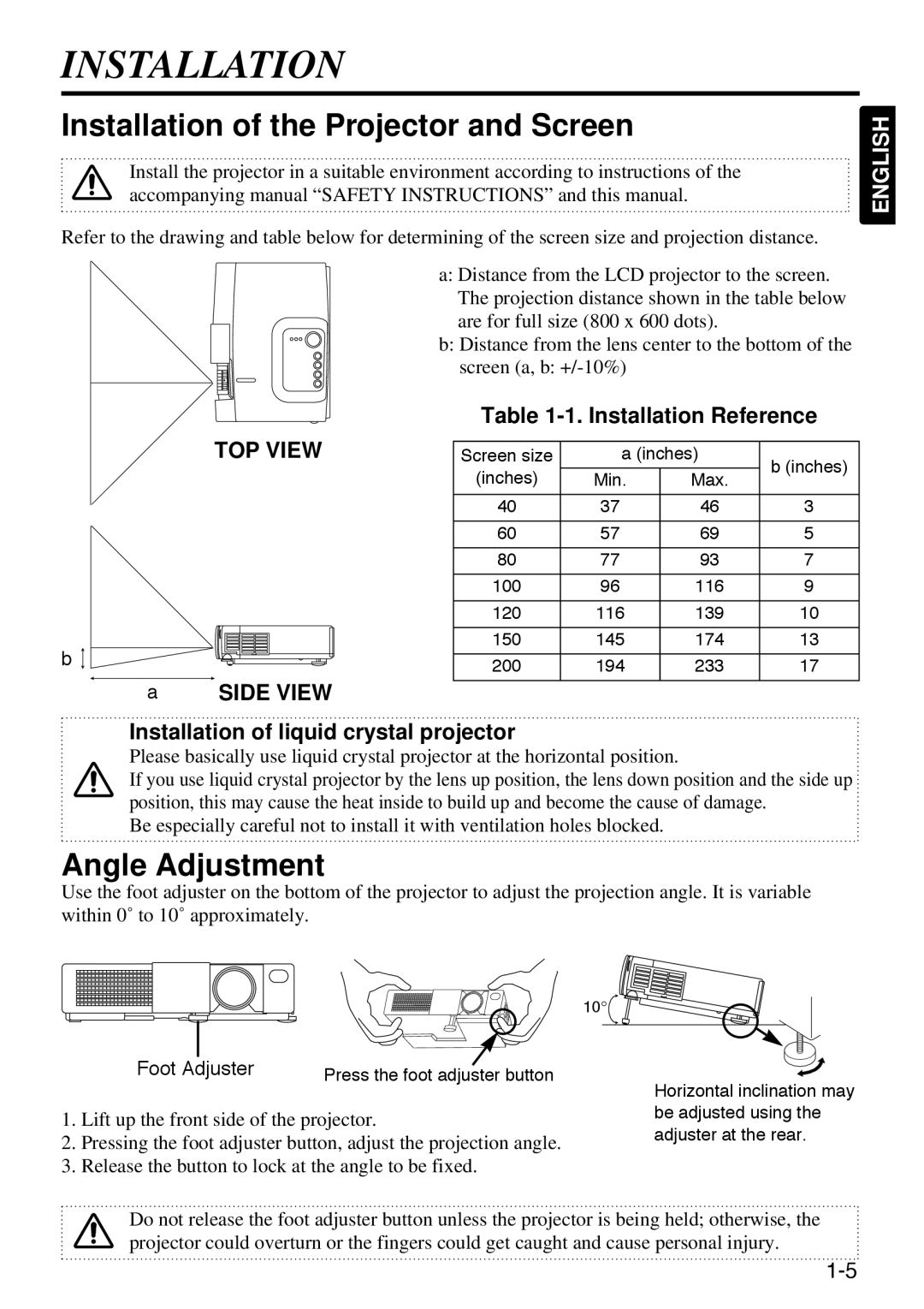 Polaroid SVGA 270 manual Installation of the Projector and Screen, Angle Adjustment, Installation Reference 