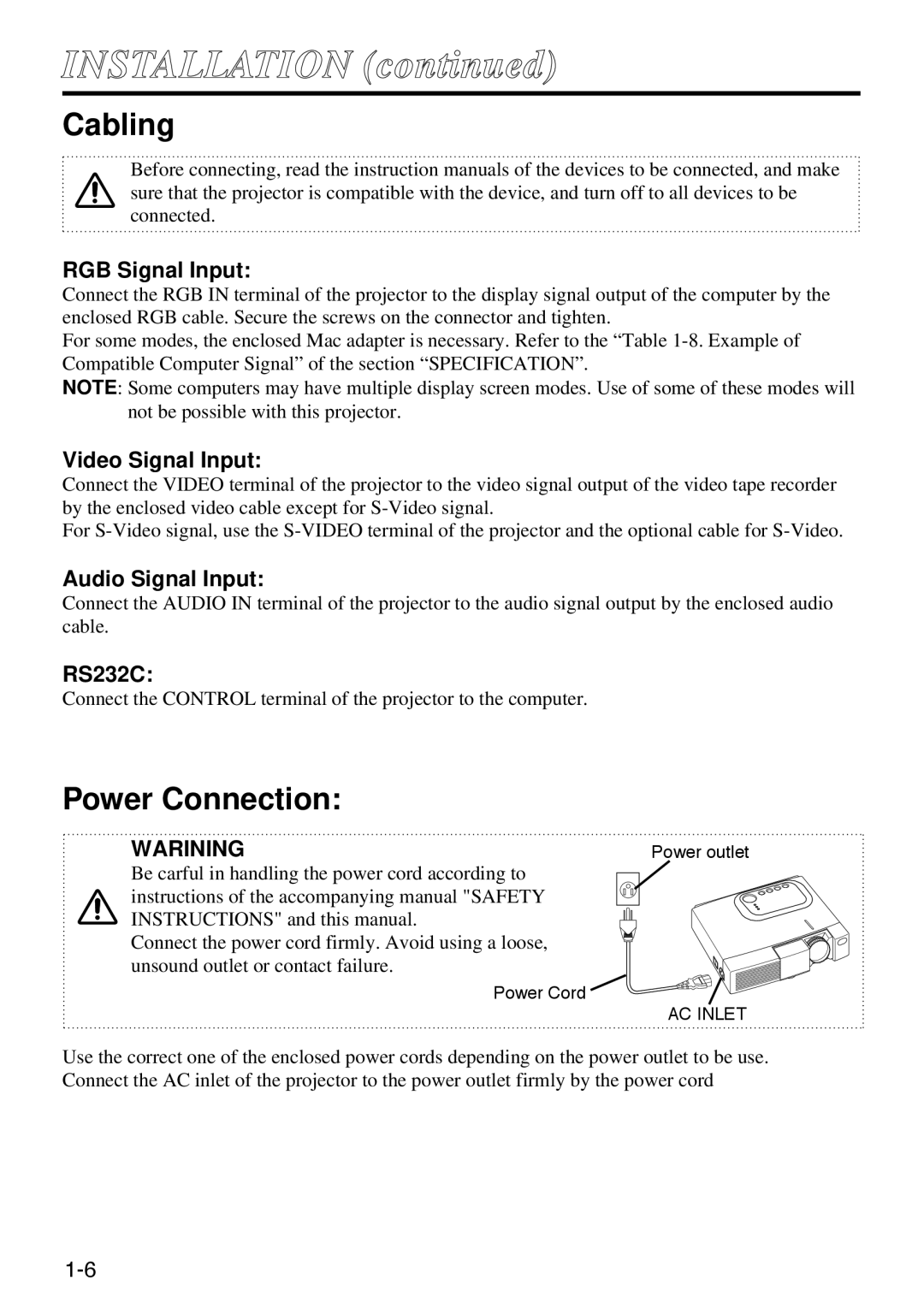 Polaroid SVGA 270 manual Installation, Cabling, Power Connection 