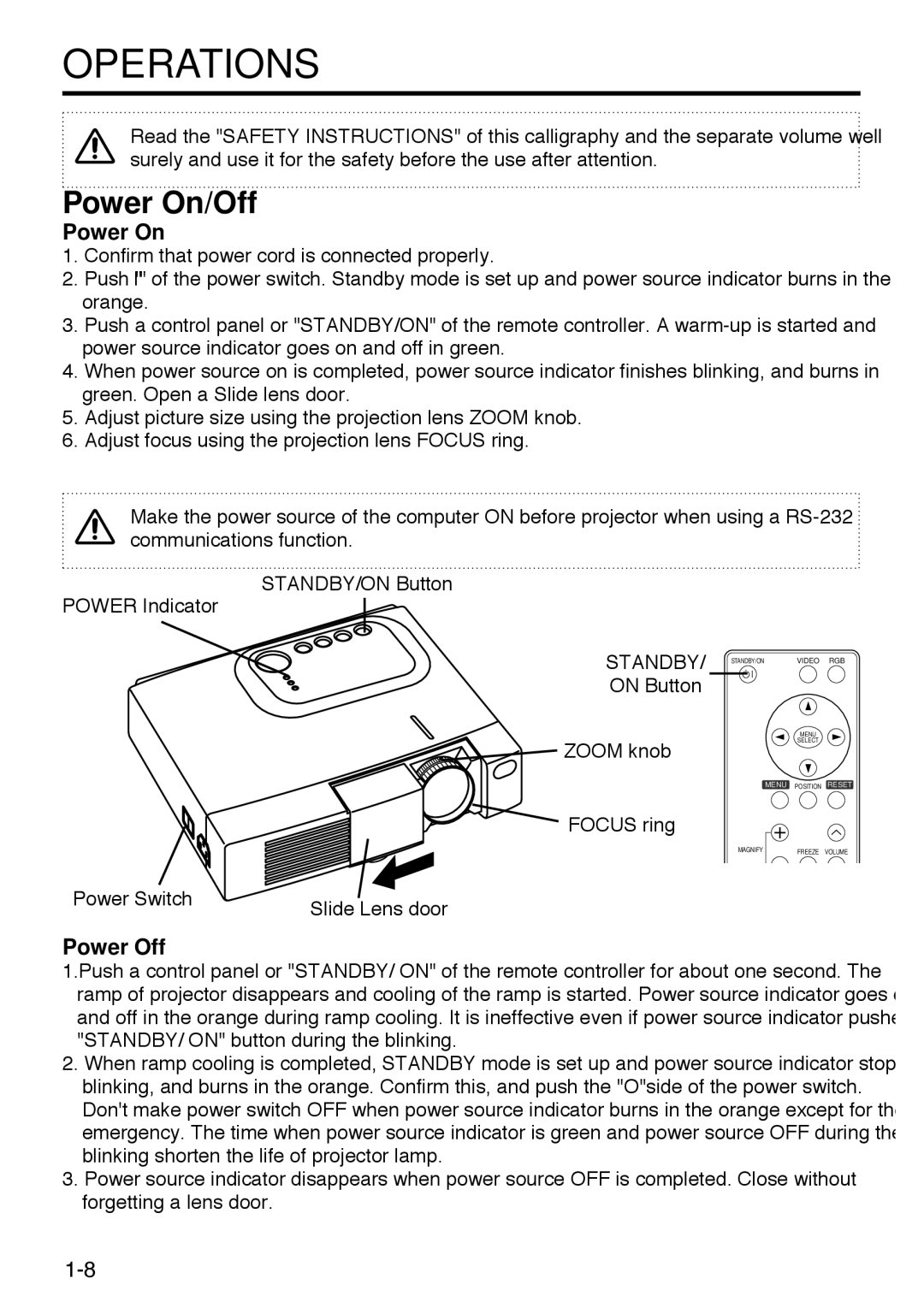 Polaroid SVGA 270 manual Operations, Power On/Off, Power Off, Standby 