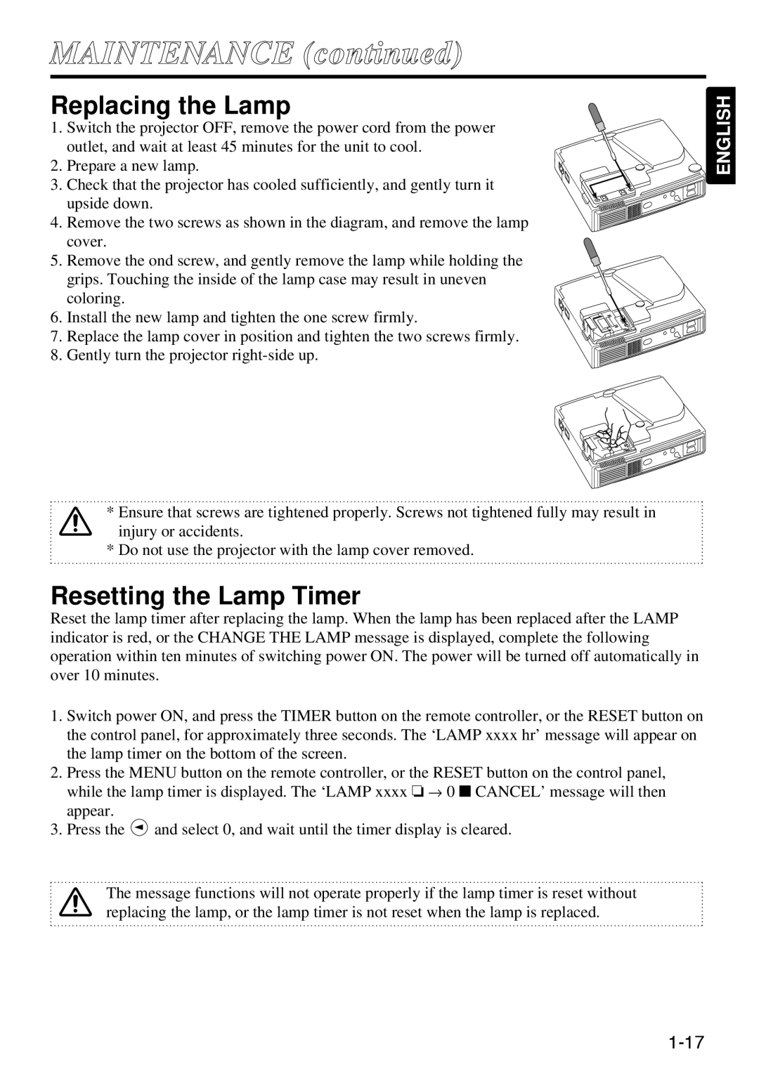 Polaroid SVGA 270 manual MAINTENANCE continued, Replacing the Lamp, Resetting the Lamp Timer, English 