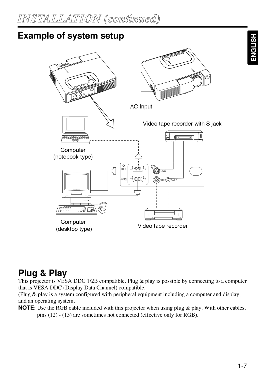 Polaroid SVGA 270 manual Example of system setup, Plug & Play, INSTALLATION continued, English, Computer, desktop type 