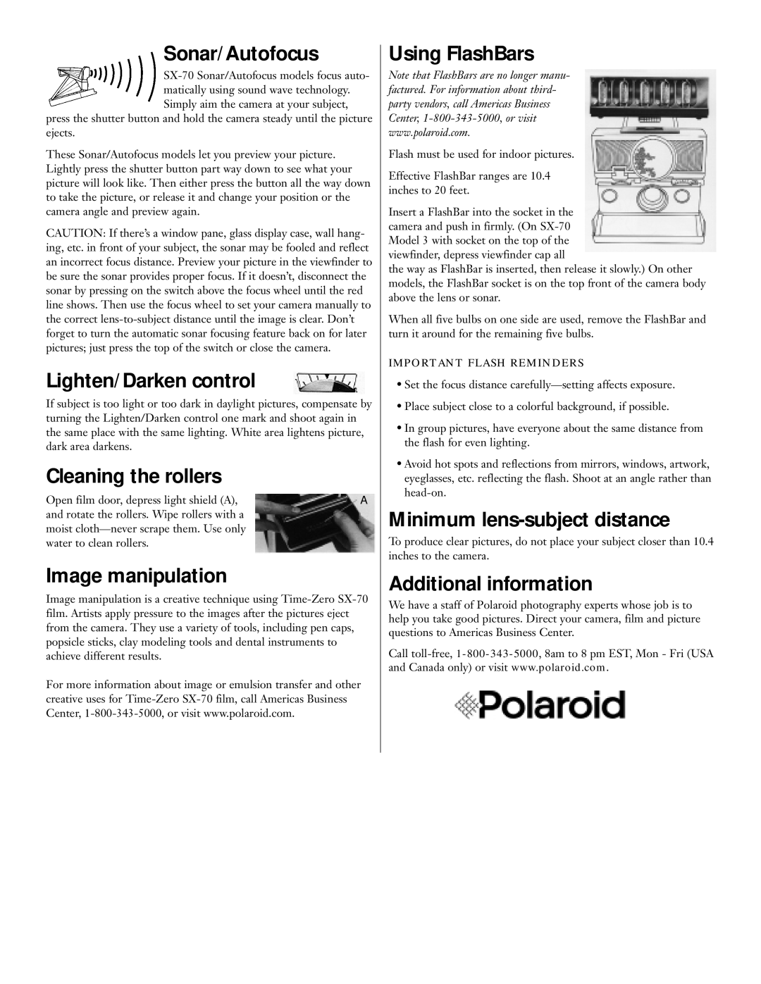 Polaroid SX-70 manual Sonar/Autofocus, Lighten/Darken control, Cleaning the rollers, Image manipulation, Using FlashBars 