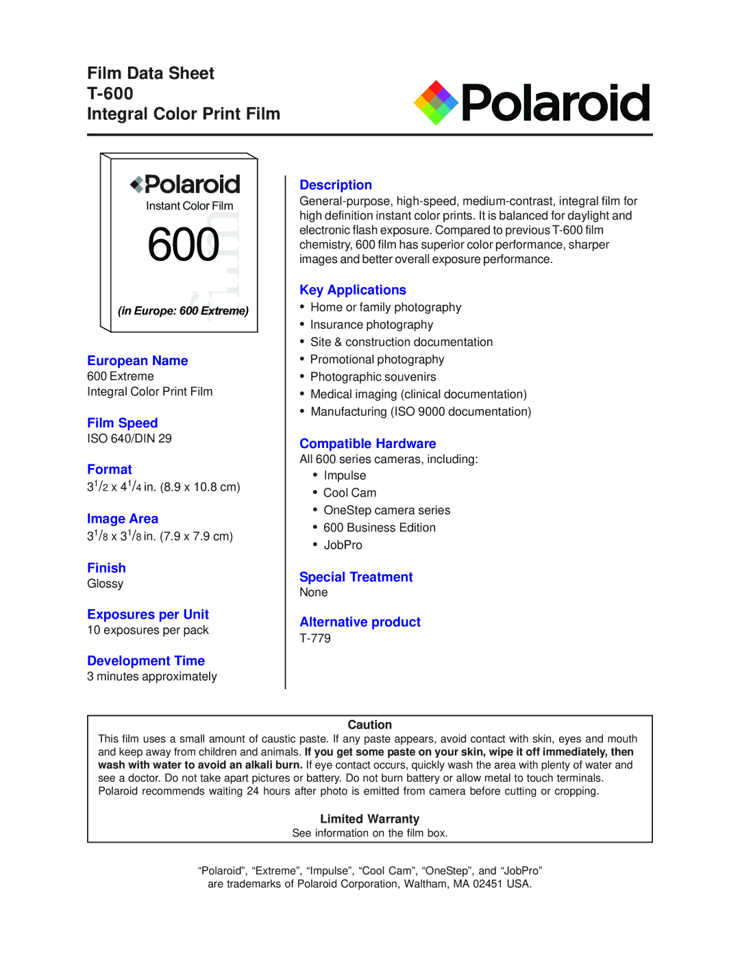 Polaroid T-600 warranty Film Data Sheet 600 Integral Color Print Film, Limited Warranty 