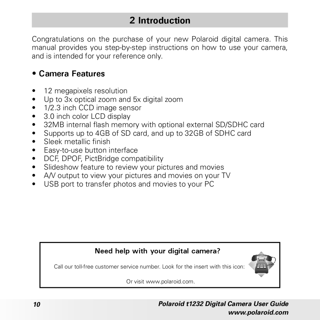 Polaroid t1232 manual Introduction, Camera Features 