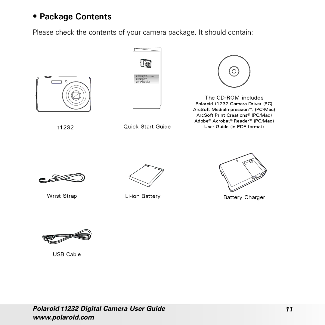 Polaroid t1232 manual Package Contents 