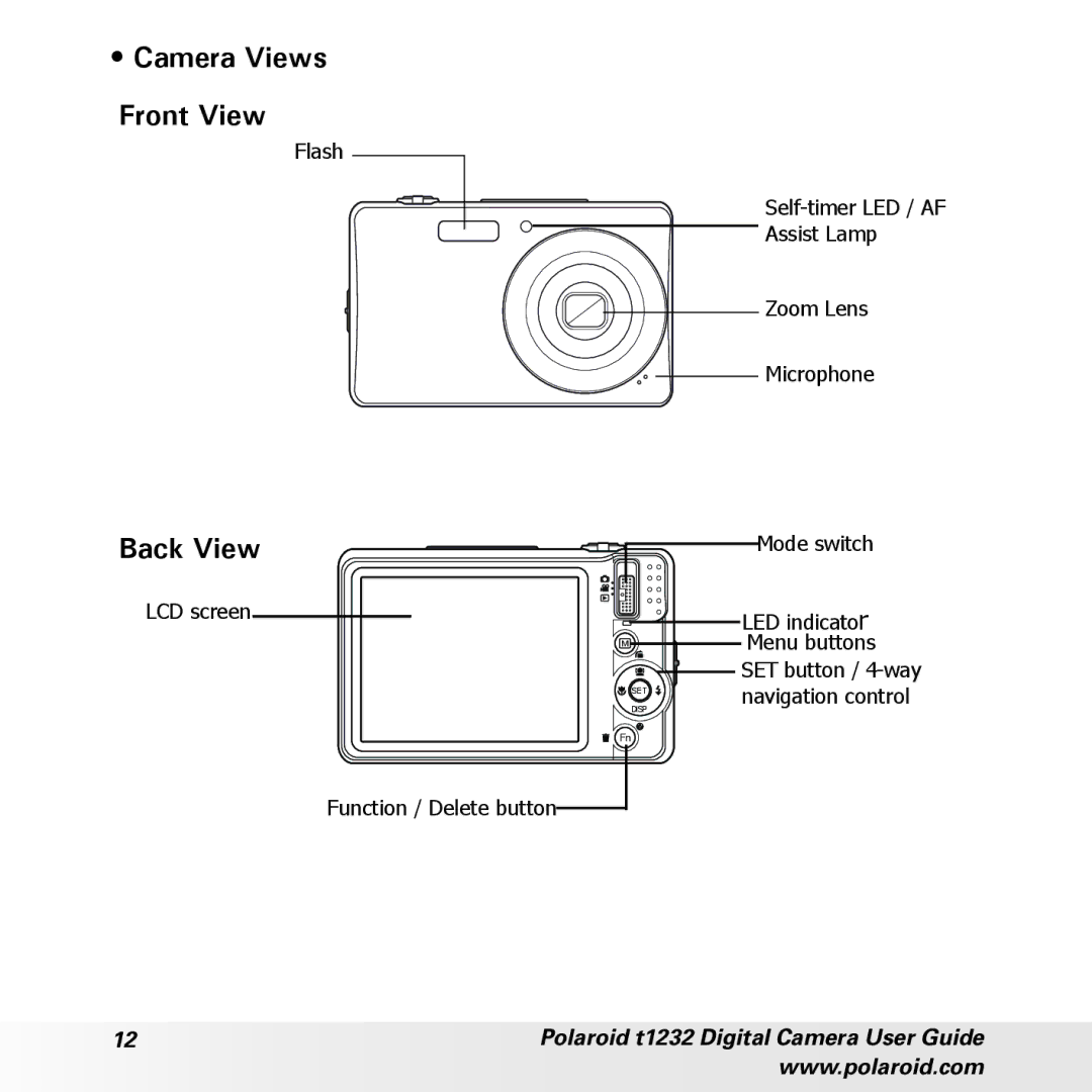 Polaroid t1232 manual Camera Views Front View, Back View 