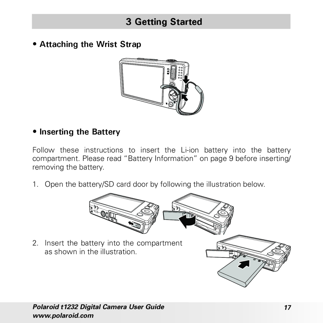 Polaroid t1232 manual Getting Started, Attaching the Wrist Strap Inserting the Battery 