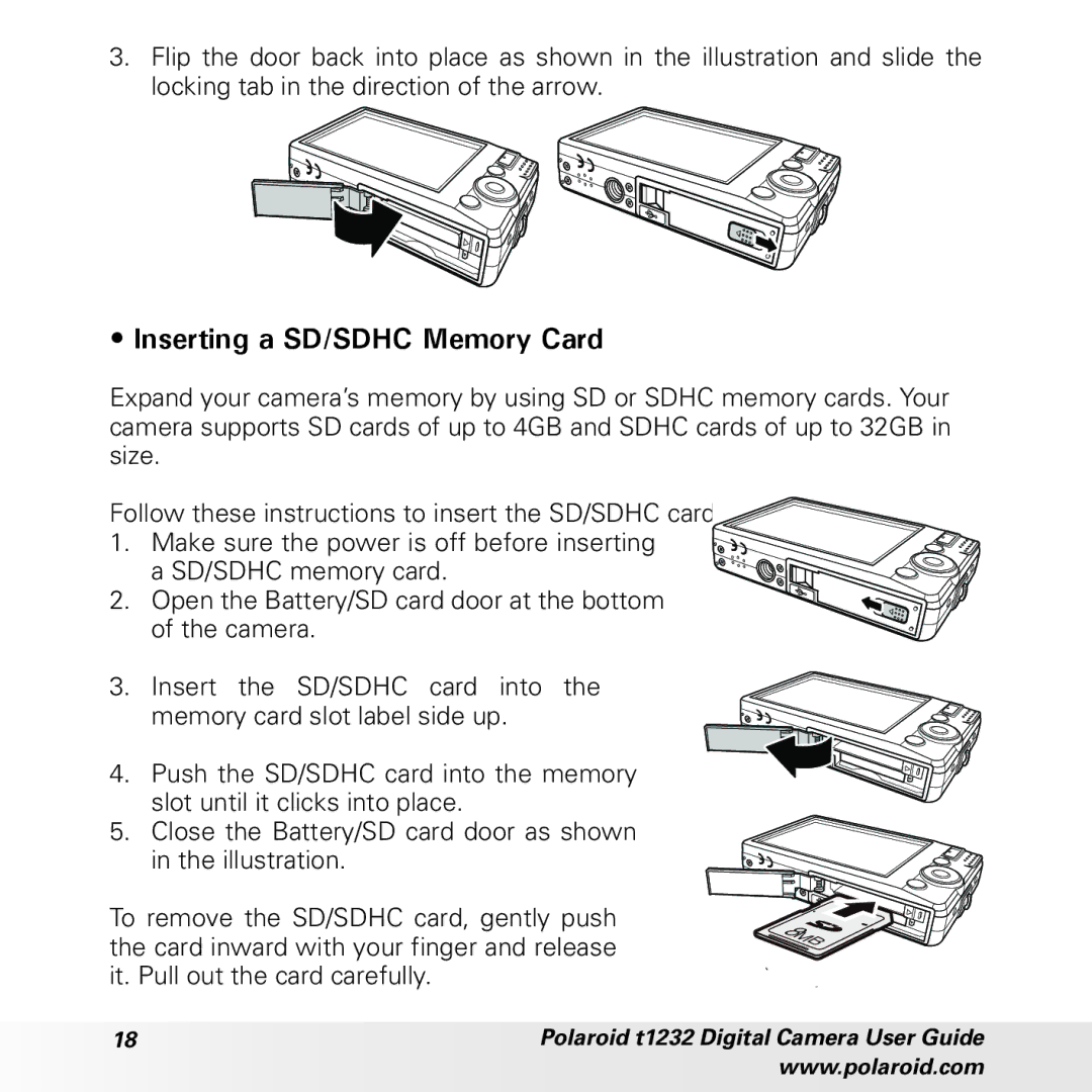 Polaroid t1232 manual Inserting a SD/SDHC Memory Card 