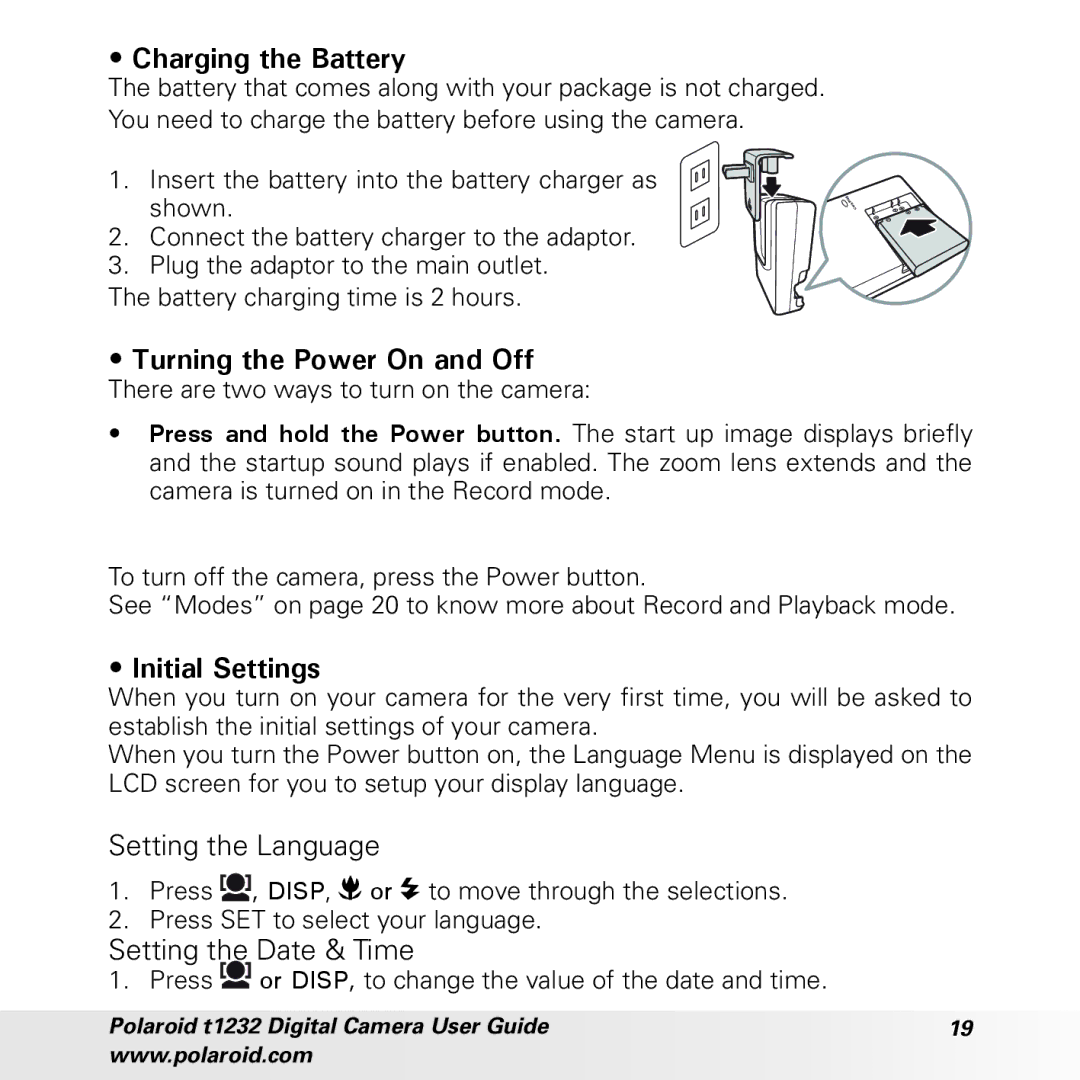 Polaroid t1232 manual Charging the Battery, Turning the Power On and Off, Initial Settings, Setting the Language 