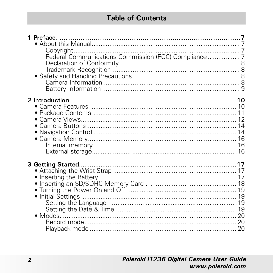 Polaroid t1232 manual Table of Contents 