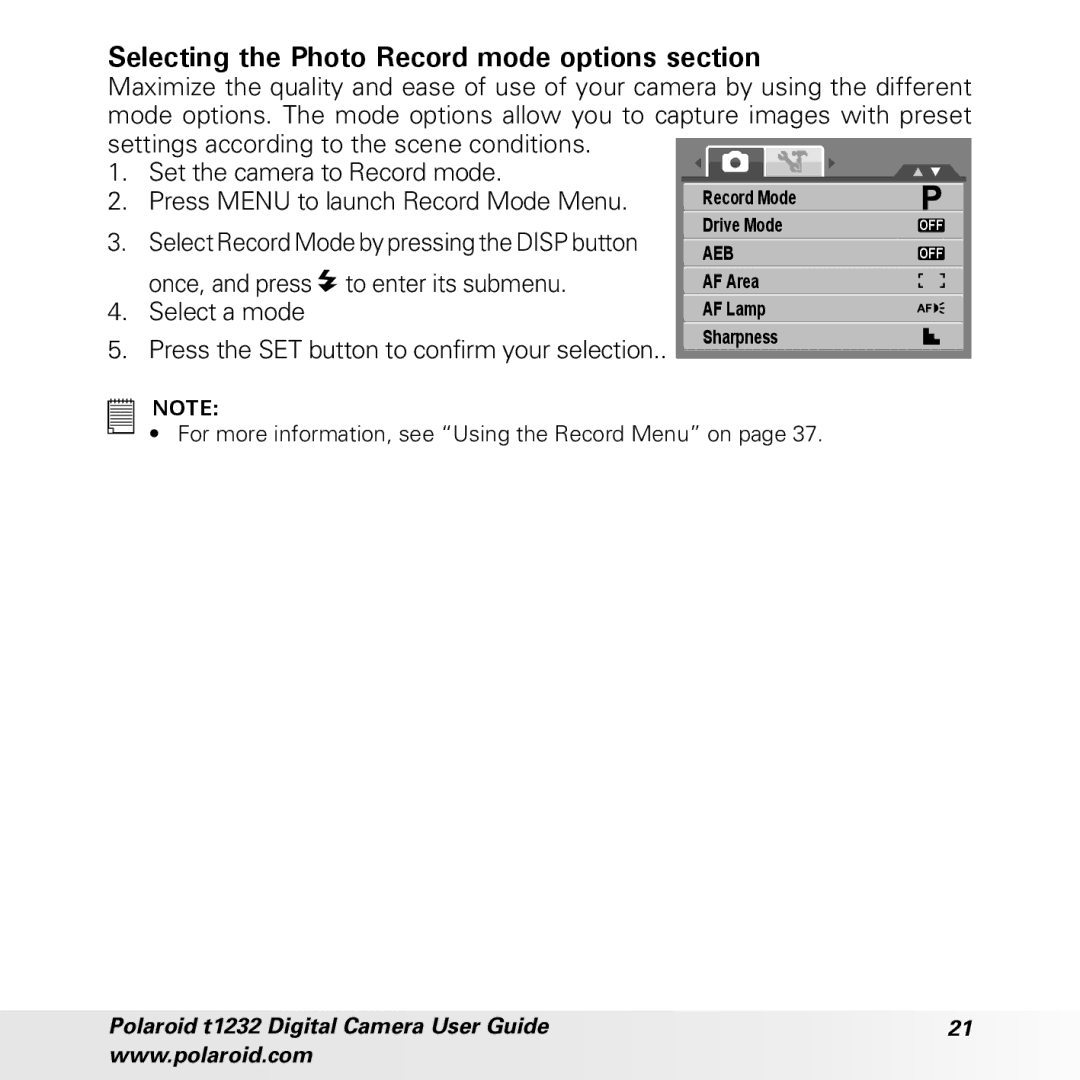 Polaroid t1232 manual Selecting the Photo Record mode options section 