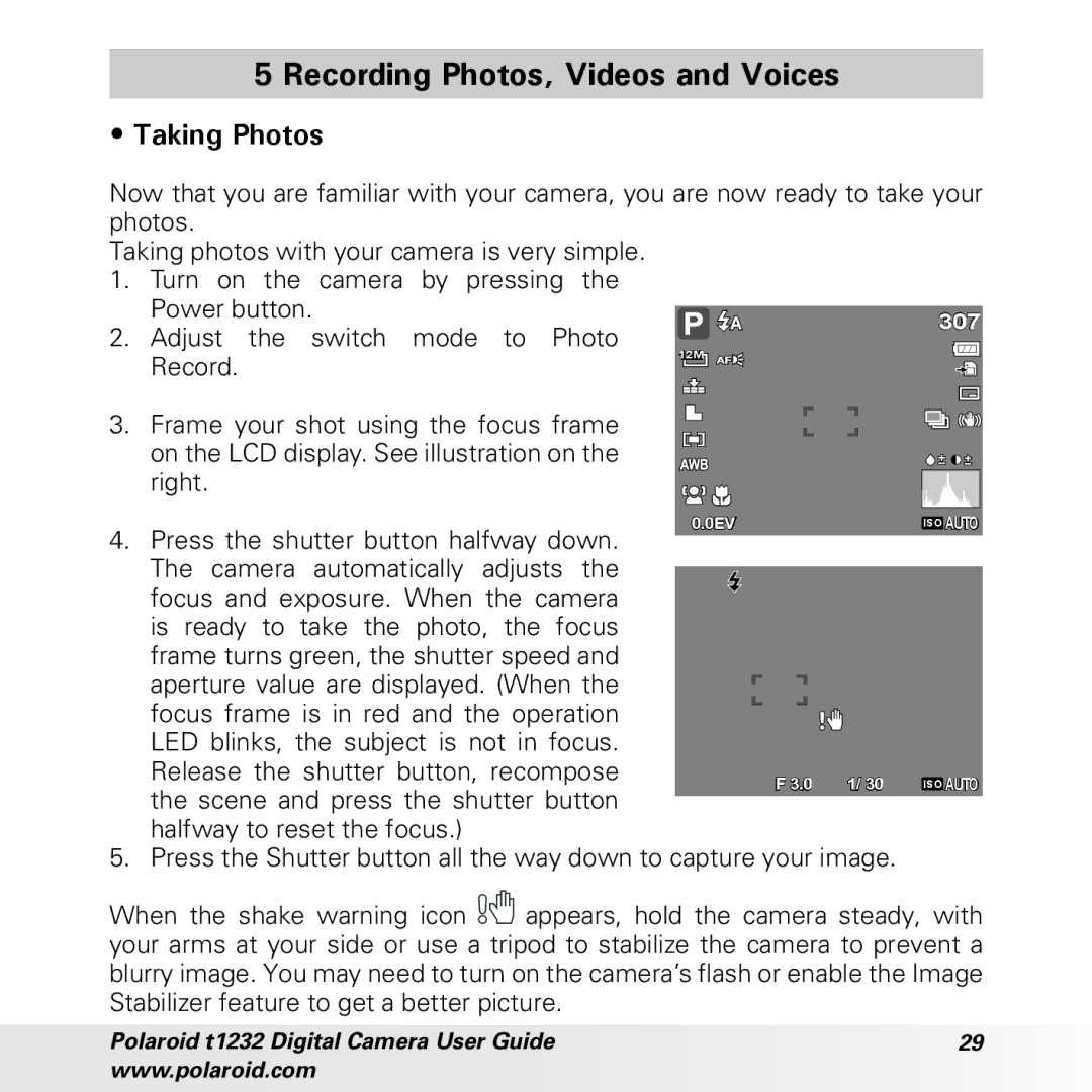 Polaroid t1232 manual Recording Photos, Videos and Voices, Taking Photos, Adjust the switch mode to Photo 