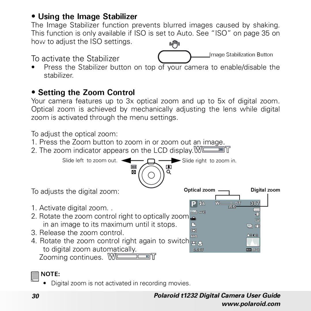 Polaroid t1232 manual Using the Image Stabilizer, To activate the Stabilizer, Setting the Zoom Control 