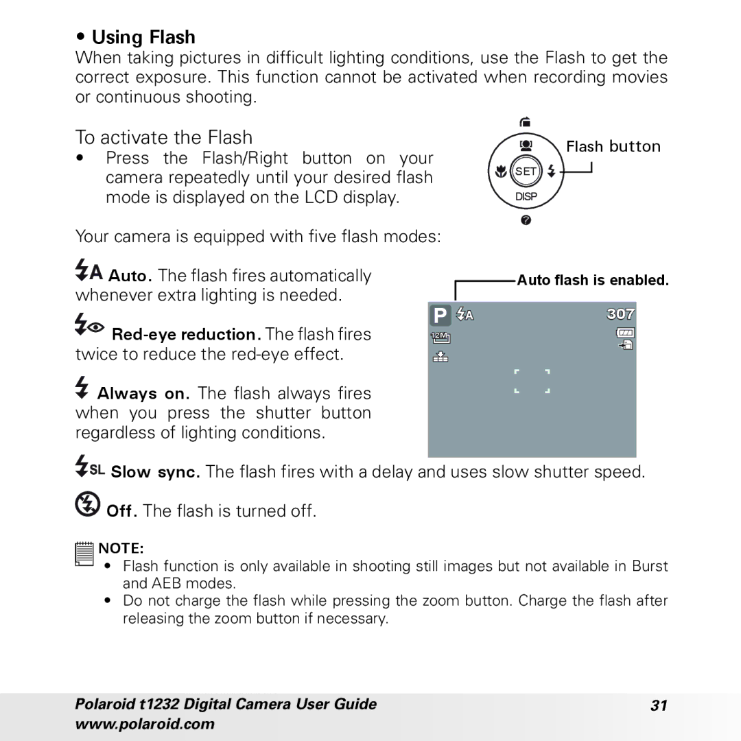 Polaroid t1232 manual Using Flash, To activate the Flash, Red-eye reduction. The flash fires 