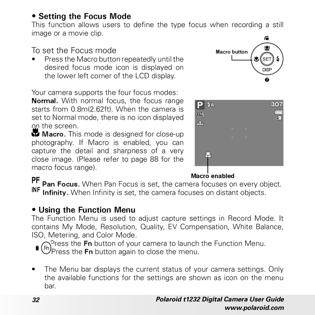 Polaroid t1232 manual Setting the Focus Mode, To set the Focus mode, Using the Function Menu 