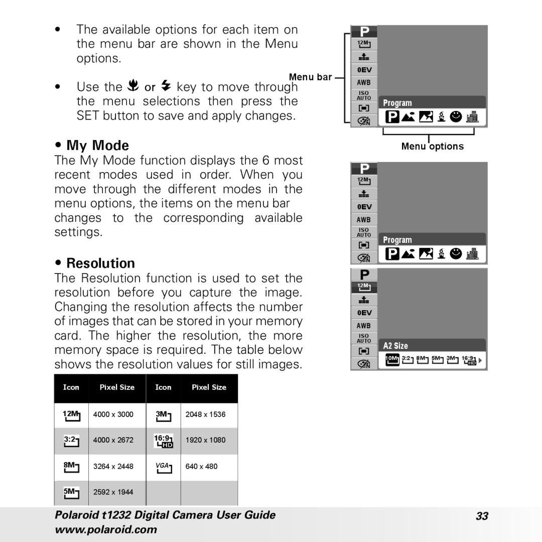 Polaroid t1232 manual My Mode, Resolution 