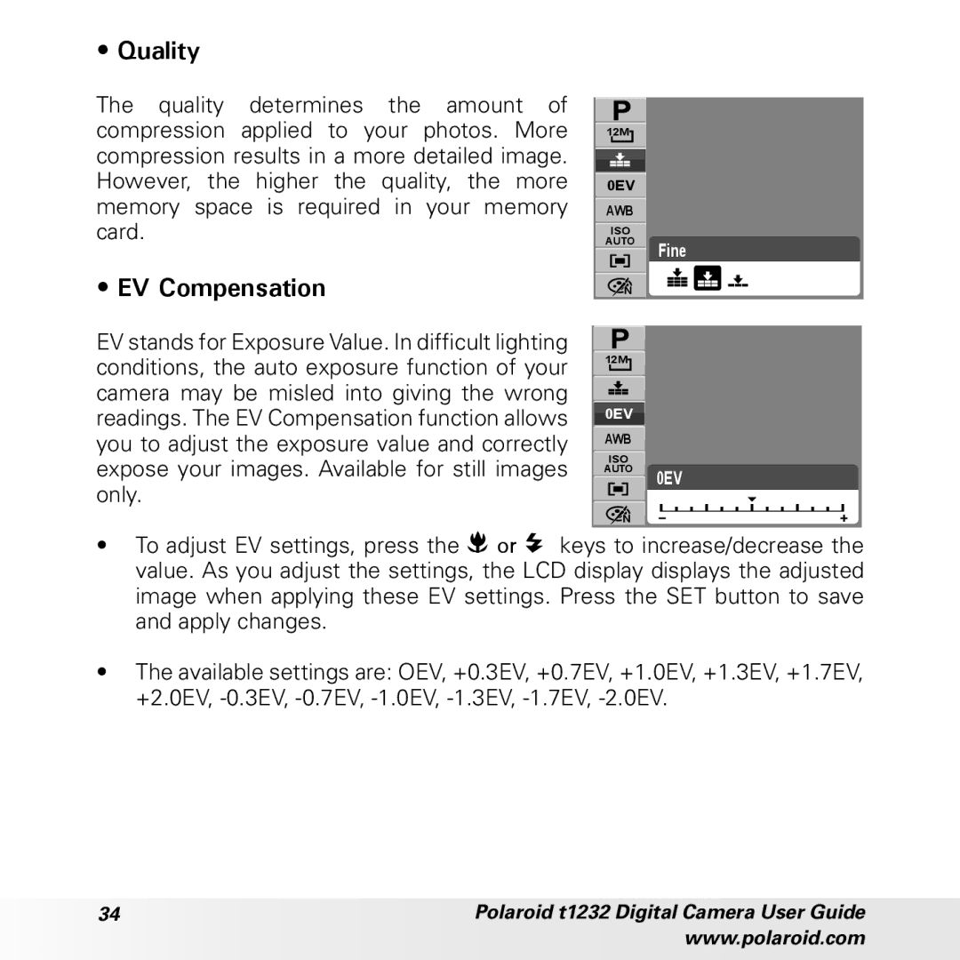 Polaroid t1232 manual Quality, EV Compensation 