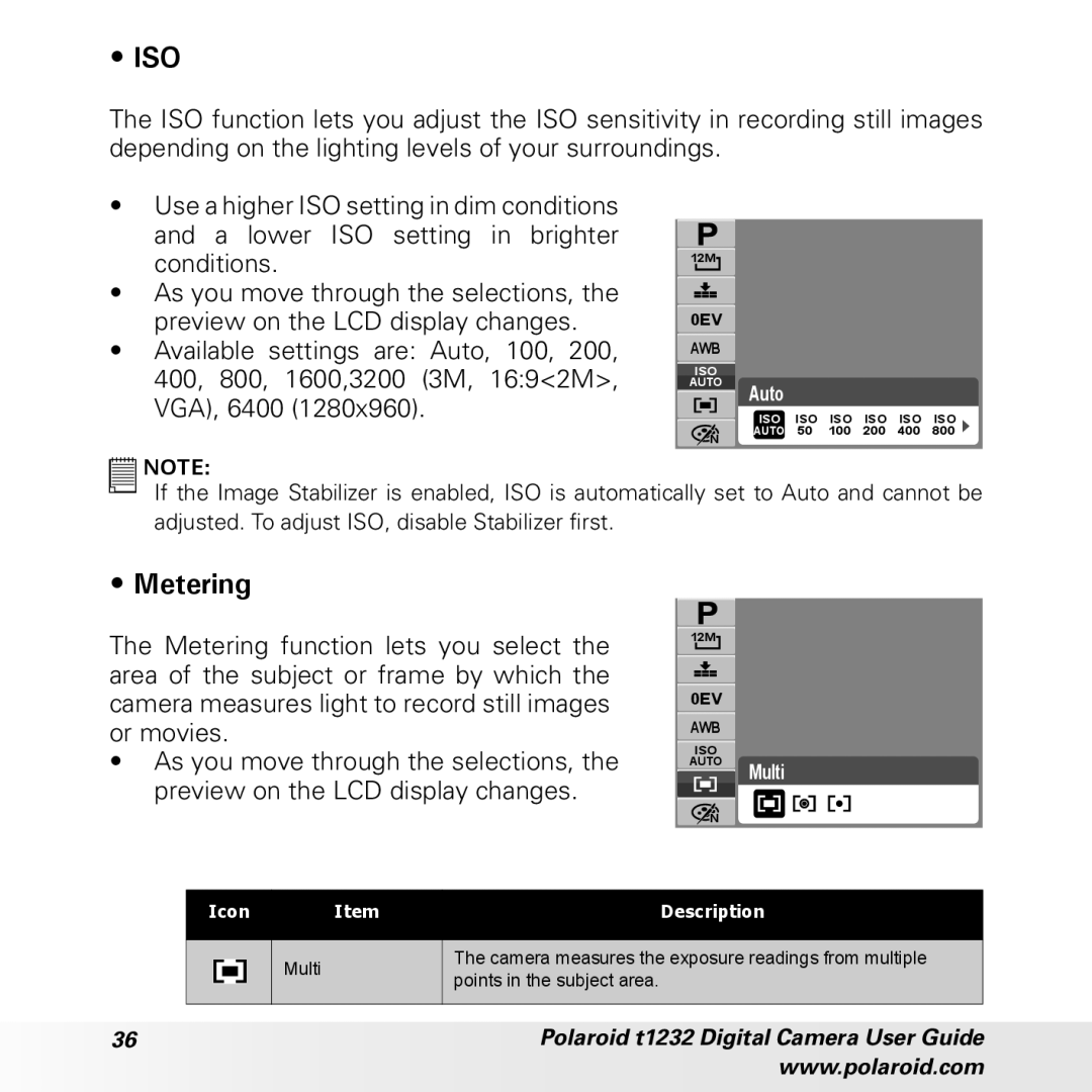 Polaroid t1232 manual Metering function lets you select, Or movies, As you move through the selections 