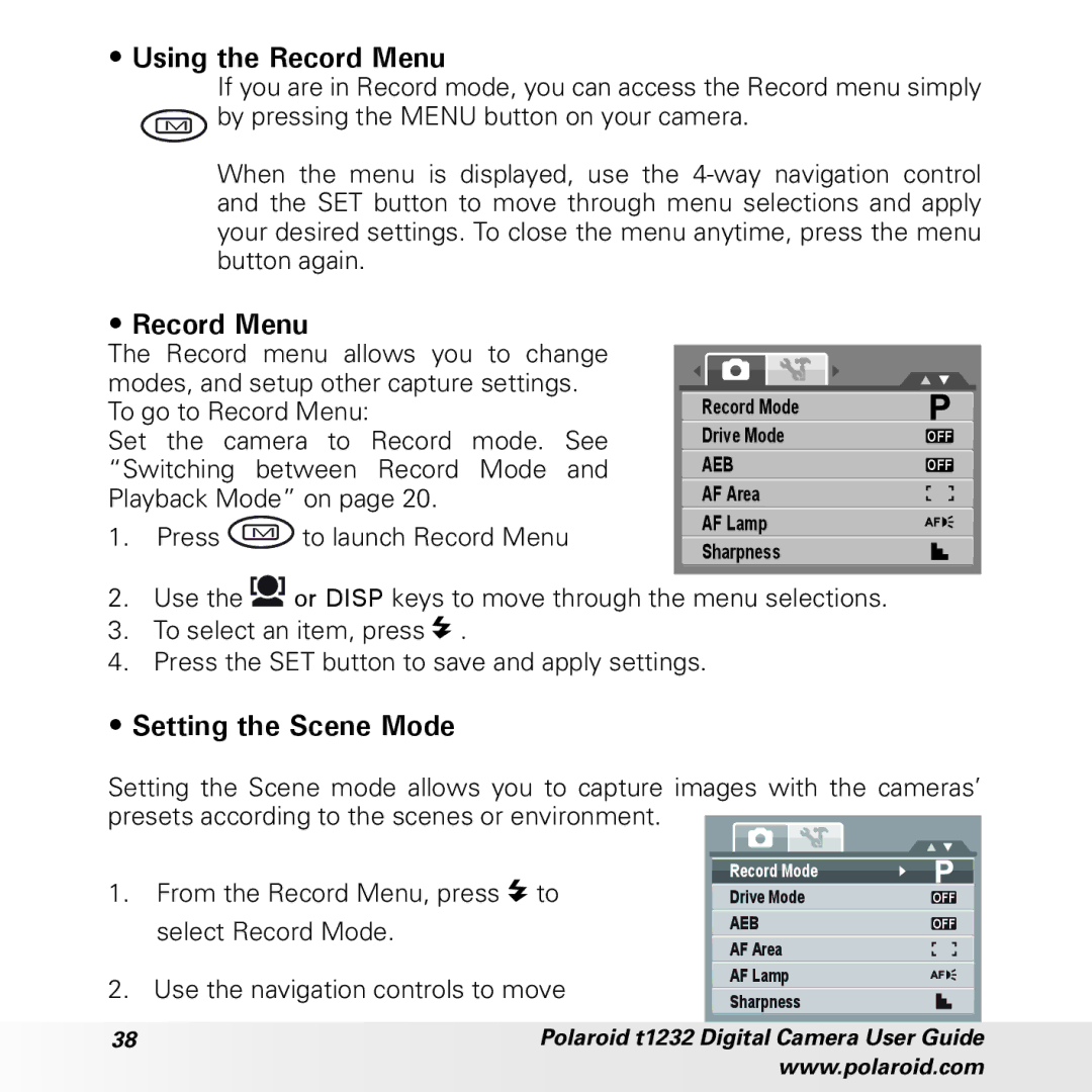 Polaroid t1232 manual Using the Record Menu, Setting the Scene Mode 