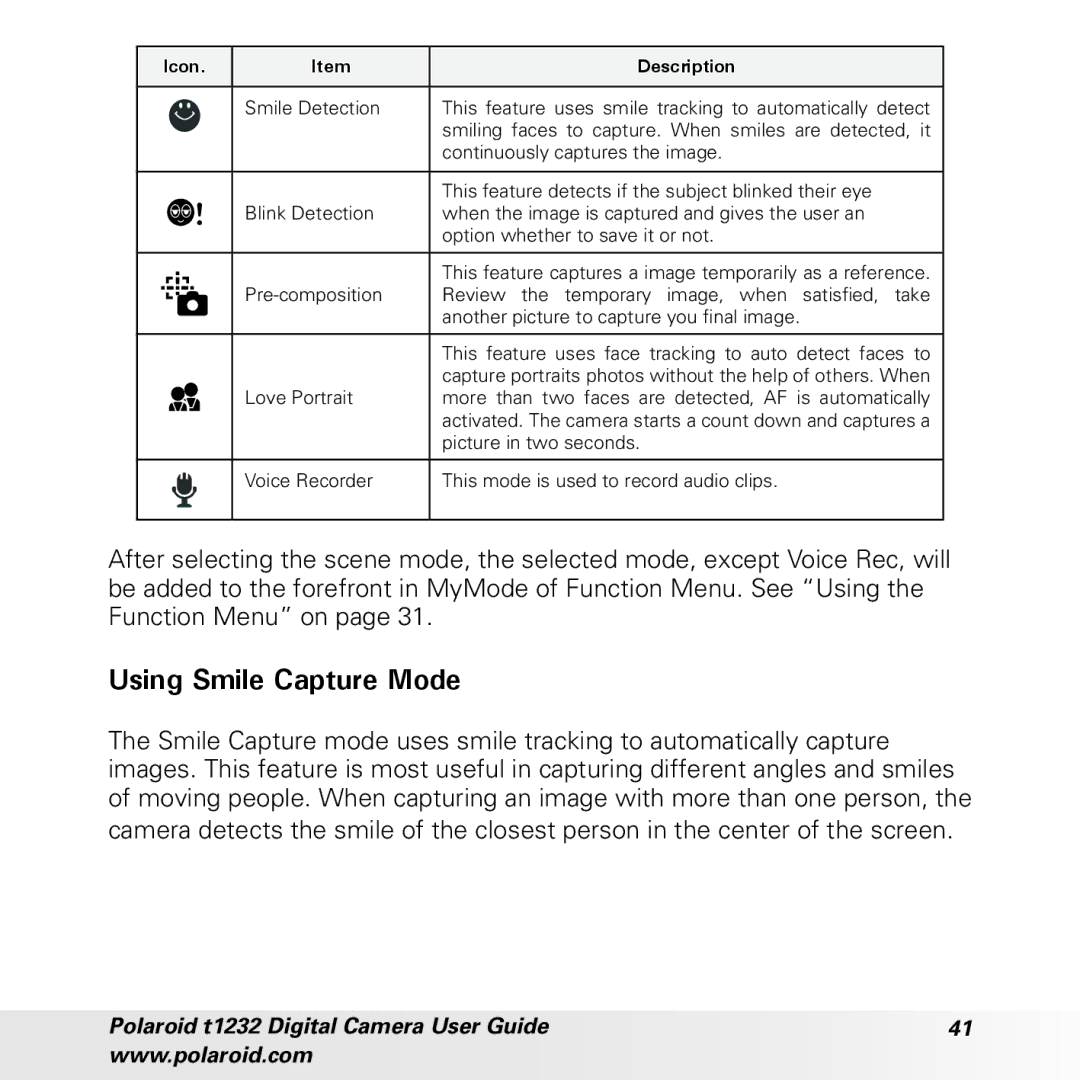 Polaroid t1232 manual Using Smile Capture Mode 