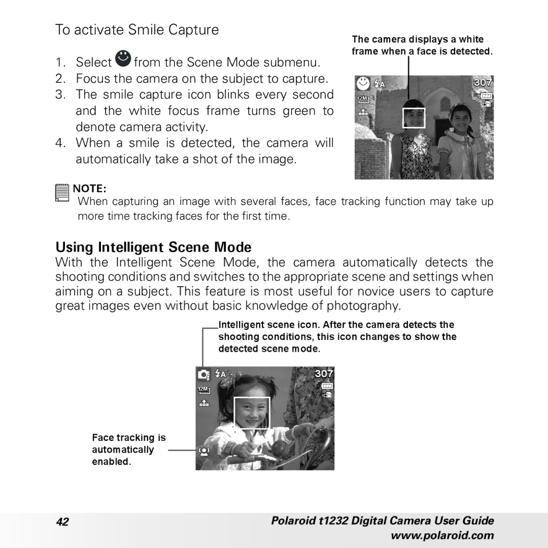 Polaroid t1232 manual To activate Smile Capture, Using Intelligent Scene Mode 