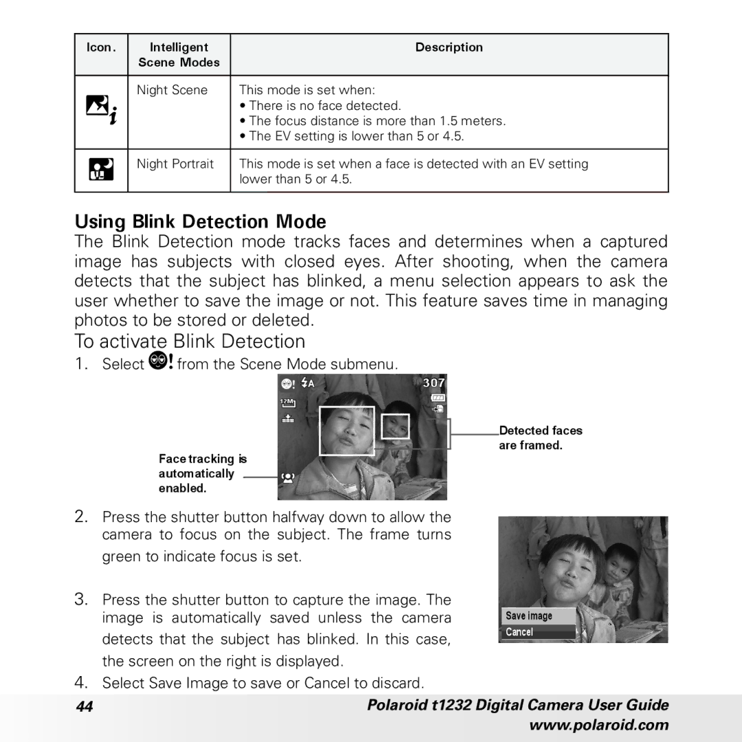 Polaroid t1232 manual Using Blink Detection Mode, To activate Blink Detection 