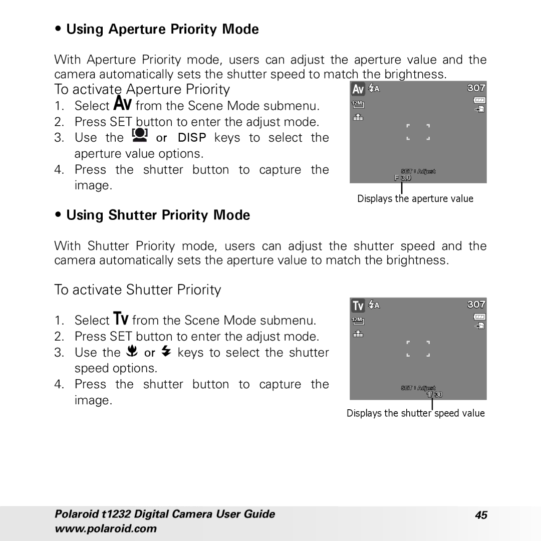 Polaroid t1232 manual Using Aperture Priority Mode, To activate Aperture Priority, Using Shutter Priority Mode 