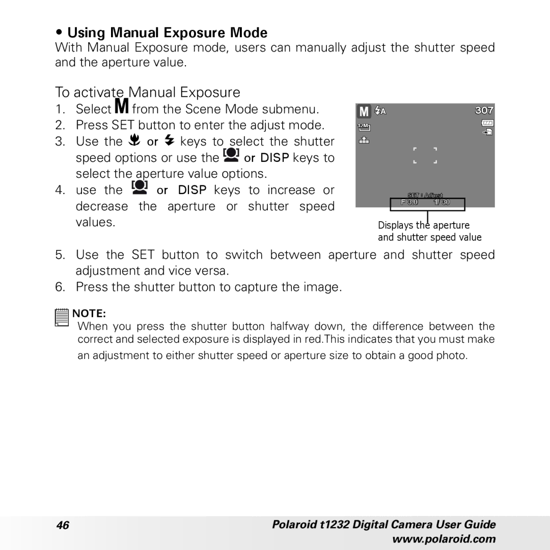 Polaroid t1232 Using Manual Exposure Mode, To activate Manual Exposure, Press SET button to enter the adjust mode, Values 